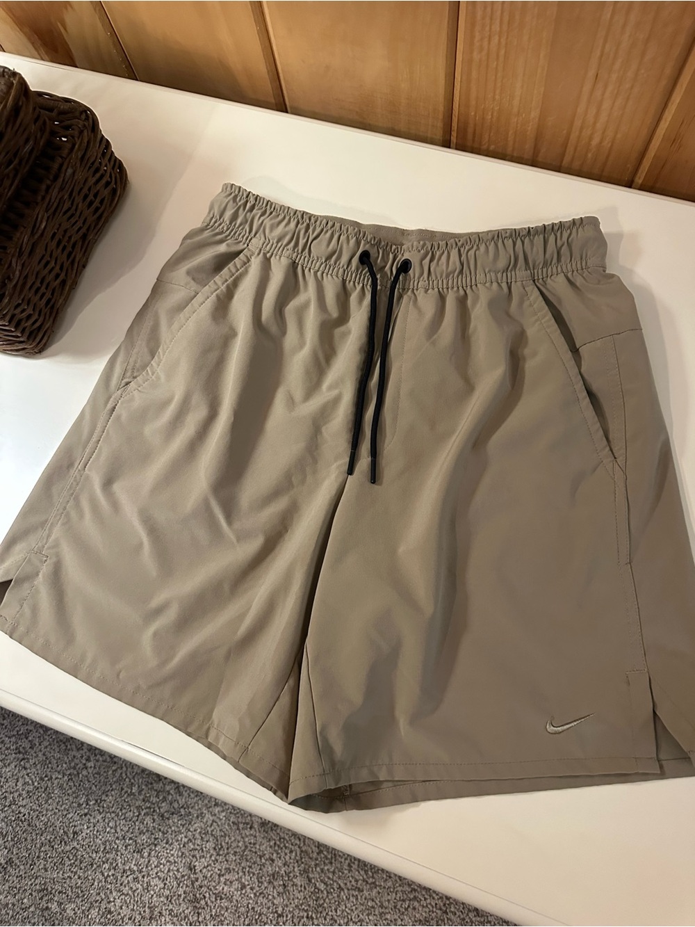 Nike Men's Tan Athletic Shorts with Black Drawstring